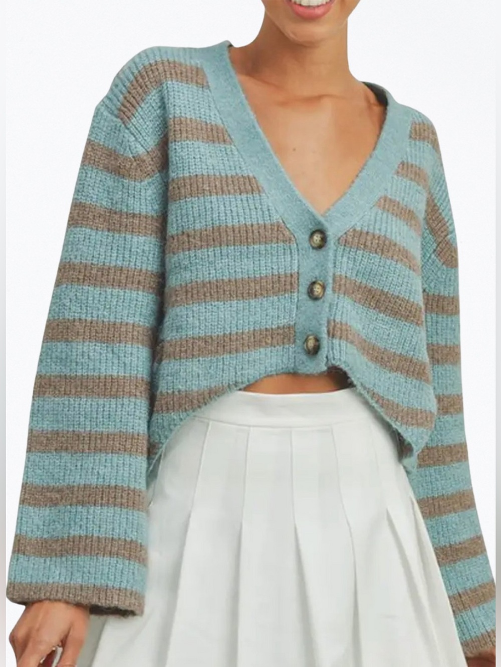 Buttermelon Striped Cropped Cardigan Sweater Blue Brown Wool Blend L